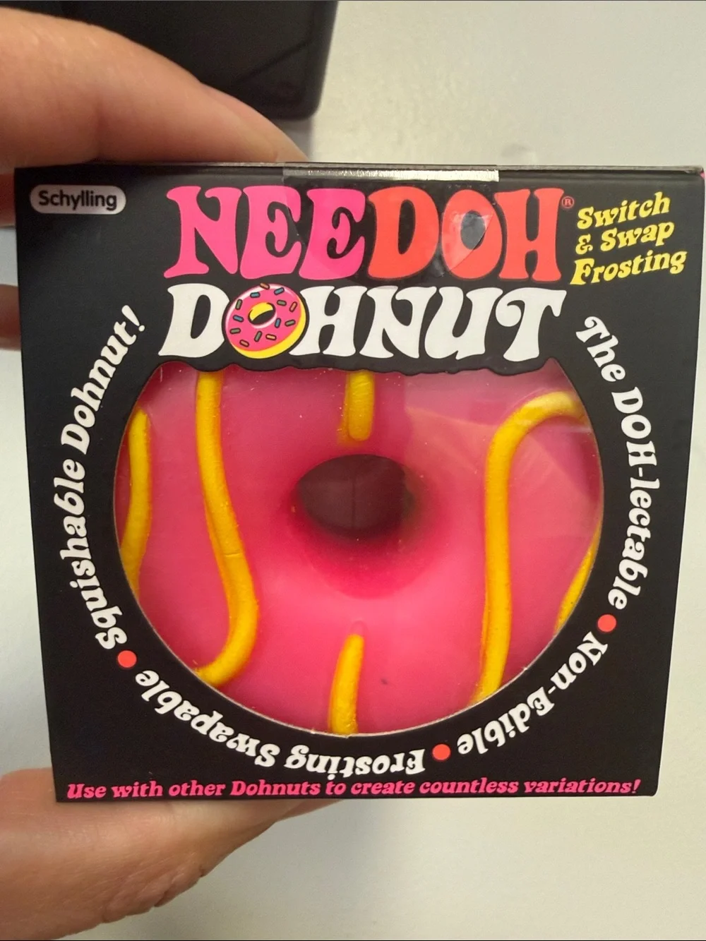 Needoh Donut Switch & Swap Frosting Pink Donut Toy with Yellow Accents